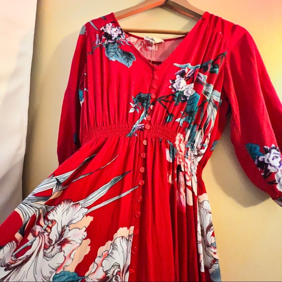 Red Floral Maxi Dress Size L/XL - Picture 2 of 3